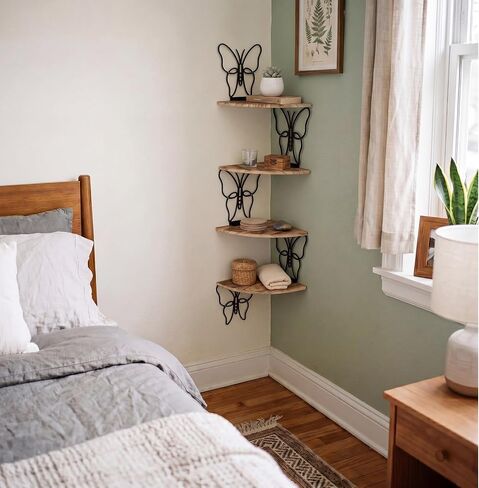 4 Tier Black Butterfly Wall Mount Corner Shelves Floating Corner Storage Wood Shelves Decorative Rustic Butterfly Wall Decor for Bedroom Living Room Bathroom Home Kitchen in Saudi Arabia