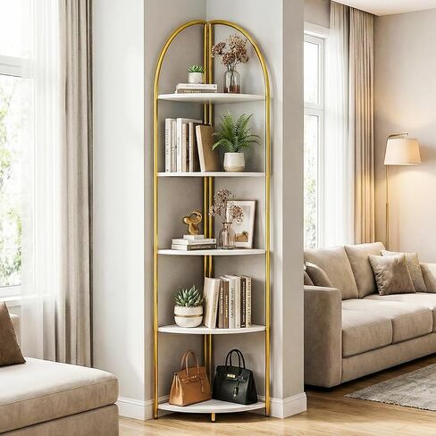 5 Tier Corner Shelf, Luxury Gold Corner Plant Stand with White Wood Shelves,Modern Metal Corner Bookshelf Display Rack,Premium Corner Storage Shelving Unit for Living Room,Bedroom,Bathroom in Saudi Arabia