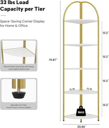 5 Tier Corner Shelf, Luxury Gold Corner Plant Stand with White Wood Shelves,Modern Metal Corner Bookshelf Display Rack,Premium Corner Storage Shelving Unit for Living Room,Bedroom,Bathroom in Saudi Arabia