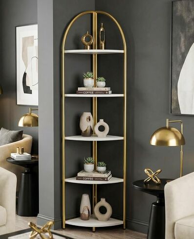 5 Tier Corner Shelf, Luxury Gold Corner Plant Stand with White Wood Shelves,Modern Metal Corner Bookshelf Display Rack,Premium Corner Storage Shelving Unit for Living Room,Bedroom,Bathroom in Saudi Arabia