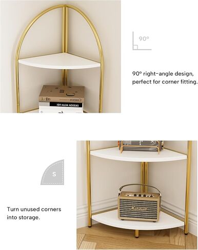 5 Tier Corner Shelf, Luxury Gold Corner Plant Stand with White Wood Shelves,Modern Metal Corner Bookshelf Display Rack,Premium Corner Storage Shelving Unit for Living Room,Bedroom,Bathroom in Saudi Arabia