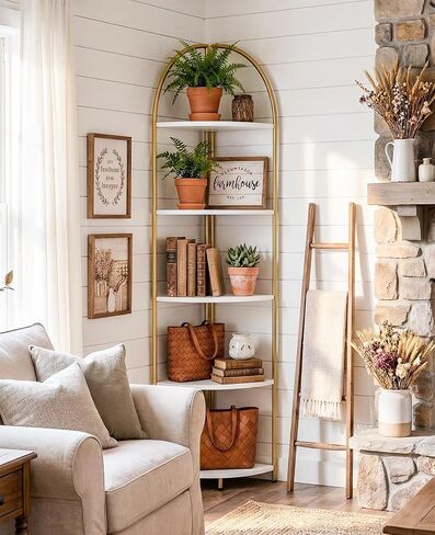5 Tier Corner Shelf, Luxury Gold Corner Plant Stand with White Wood Shelves,Modern Metal Corner Bookshelf Display Rack,Premium Corner Storage Shelving Unit for Living Room,Bedroom,Bathroom in Saudi Arabia
