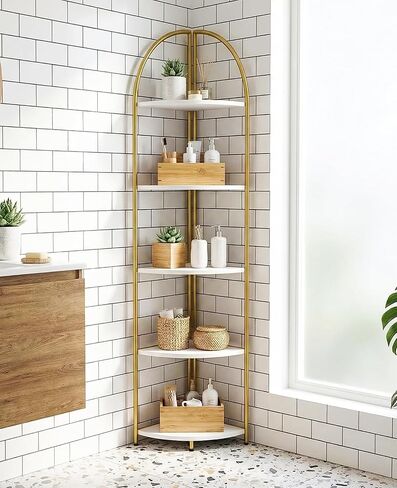 5 Tier Corner Shelf, Luxury Gold Corner Plant Stand with White Wood Shelves,Modern Metal Corner Bookshelf Display Rack,Premium Corner Storage Shelving Unit for Living Room,Bedroom,Bathroom in Saudi Arabia