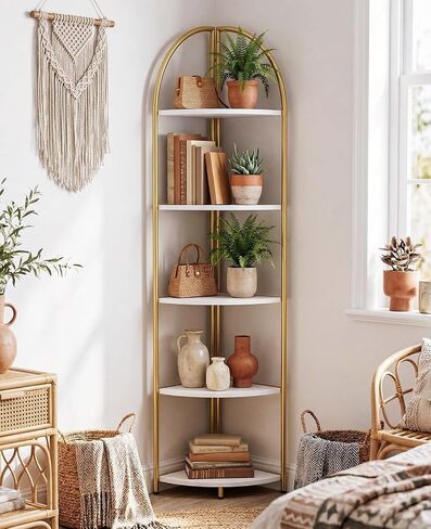 5 Tier Corner Shelf, Luxury Gold Corner Plant Stand with White Wood Shelves,Modern Metal Corner Bookshelf Display Rack,Premium Corner Storage Shelving Unit for Living Room,Bedroom,Bathroom in Saudi Arabia