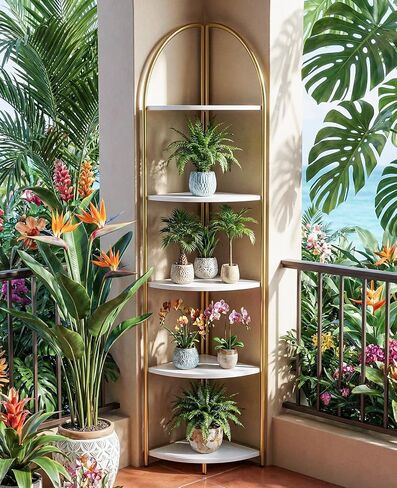 5 Tier Corner Shelf, Luxury Gold Corner Plant Stand with White Wood Shelves,Modern Metal Corner Bookshelf Display Rack,Premium Corner Storage Shelving Unit for Living Room,Bedroom,Bathroom in Saudi Arabia