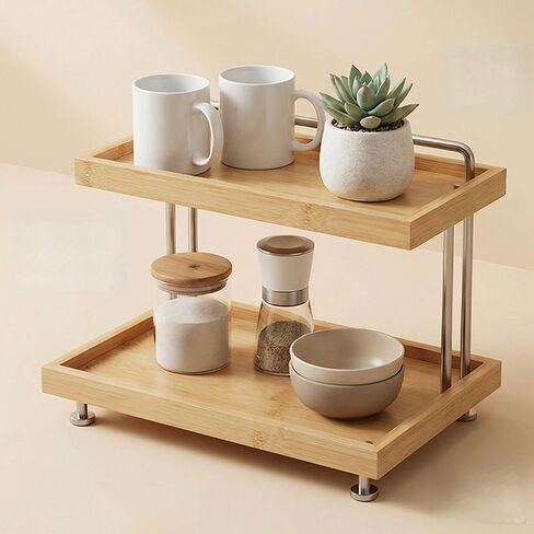 Bamboo Two-Tier Storage Rack Tabletop Storage Organizer Countertop Shelf for Kitchen, Bathroom, Office, and Home Use in Saudi Arabia