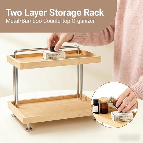 Bamboo Two-Tier Storage Rack Tabletop Storage Organizer Countertop Shelf for Kitchen, Bathroom, Office, and Home Use in Saudi Arabia