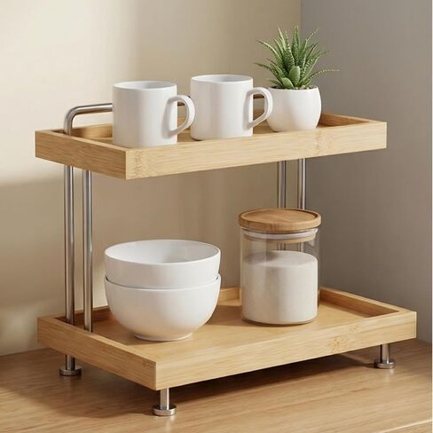 Bamboo Two-Tier Storage Rack Tabletop Storage Organizer Countertop Shelf for Kitchen, Bathroom, Office, and Home Use in Saudi Arabia
