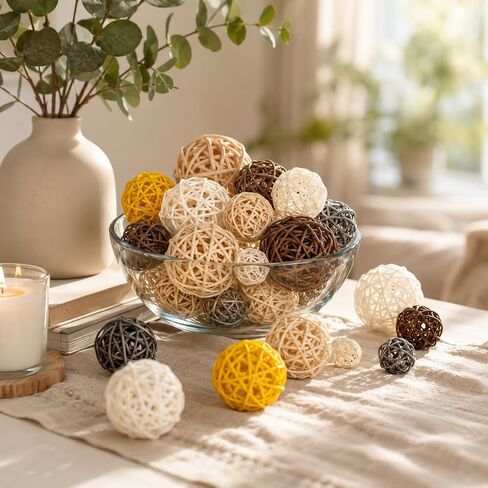RAINFLOW Decorative Rattan Balls Fillers - 24PCS Farmhouse Boho Mixed Size Natural Orbs for Rustic Bowl Vase Centerpiece Table Home Decor Indoor Outdoor in Kuwait