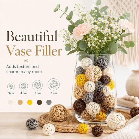 RAINFLOW Decorative Rattan Balls Fillers - 24PCS Farmhouse Boho Mixed Size Natural Orbs for Rustic Bowl Vase Centerpiece Table Home Decor Indoor Outdoor in Kuwait