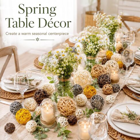 RAINFLOW Decorative Rattan Balls Fillers - 24PCS Farmhouse Boho Mixed Size Natural Orbs for Rustic Bowl Vase Centerpiece Table Home Decor Indoor Outdoor in Kuwait