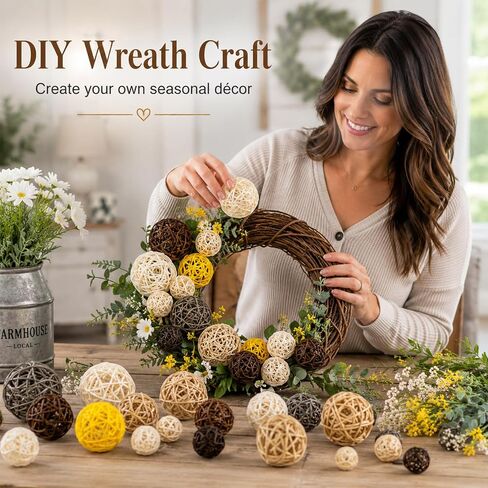 RAINFLOW Decorative Rattan Balls Fillers - 24PCS Farmhouse Boho Mixed Size Natural Orbs for Rustic Bowl Vase Centerpiece Table Home Decor Indoor Outdoor in Kuwait