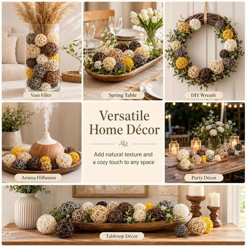 RAINFLOW Decorative Rattan Balls Fillers - 24PCS Farmhouse Boho Mixed Size Natural Orbs for Rustic Bowl Vase Centerpiece Table Home Decor Indoor Outdoor in Kuwait