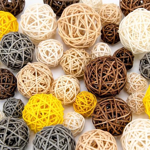 RAINFLOW Decorative Rattan Balls Fillers - 24PCS Farmhouse Boho Mixed Size Natural Orbs for Rustic Bowl Vase Centerpiece Table Home Decor Indoor Outdoor in Kuwait