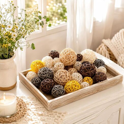 RAINFLOW Decorative Rattan Balls Fillers - 24PCS Farmhouse Boho Mixed Size Natural Orbs for Rustic Bowl Vase Centerpiece Table Home Decor Indoor Outdoor in Kuwait