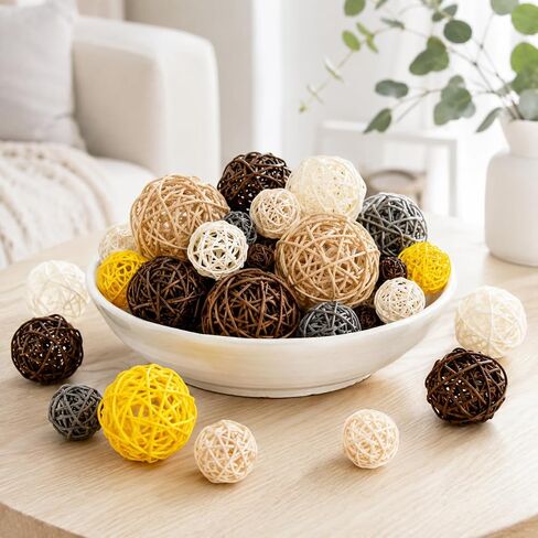 RAINFLOW Decorative Rattan Balls Fillers - 24PCS Farmhouse Boho Mixed Size Natural Orbs for Rustic Bowl Vase Centerpiece Table Home Decor Indoor Outdoor in Kuwait