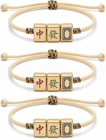 LOGOFUN 3PCS Chinese Mahjong Braided Bracelet Adjustable Woven Rope with Beige Thread Traditional Charm Jewelry for Daily Use Supplies in Kuwait