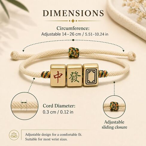 LOGOFUN 3PCS Chinese Mahjong Braided Bracelet Adjustable Woven Rope with Beige Thread Traditional Charm Jewelry for Daily Use Supplies in Kuwait