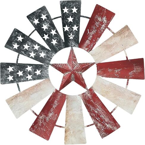 Lineshading 21" Metal Patriotic Decorations Rustic Farmhouse Wall Art Decor Windmill Outdoor 250th Anniversary Stars Red Blue White 4th of July Independence Day for Home Garden Lawn Porch in Kuwait