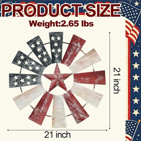 Lineshading 21" Metal Patriotic Decorations Rustic Farmhouse Wall Art Decor Windmill Outdoor 250th Anniversary Stars Red Blue White 4th of July Independence Day for Home Garden Lawn Porch in Kuwait