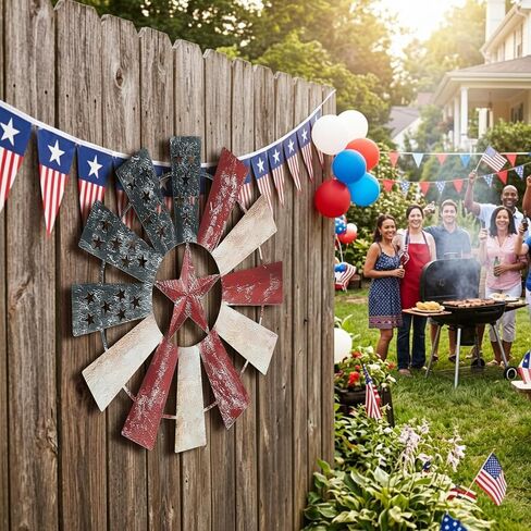 Lineshading 21" Metal Patriotic Decorations Rustic Farmhouse Wall Art Decor Windmill Outdoor 250th Anniversary Stars Red Blue White 4th of July Independence Day for Home Garden Lawn Porch in Kuwait