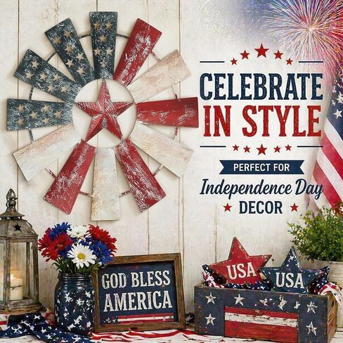 Lineshading 21" Metal Patriotic Decorations Rustic Farmhouse Wall Art Decor Windmill Outdoor 250th Anniversary Stars Red Blue White 4th of July Independence Day for Home Garden Lawn Porch in Kuwait
