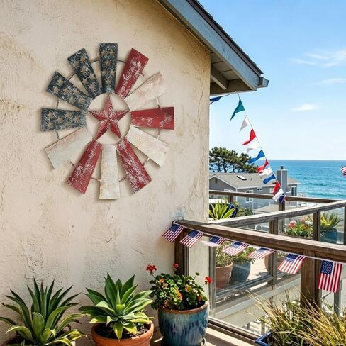 Lineshading 21" Metal Patriotic Decorations Rustic Farmhouse Wall Art Decor Windmill Outdoor 250th Anniversary Stars Red Blue White 4th of July Independence Day for Home Garden Lawn Porch in Kuwait