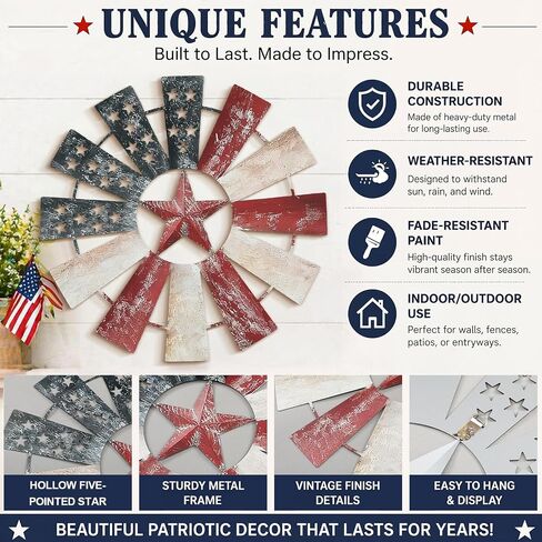 Lineshading 21" Metal Patriotic Decorations Rustic Farmhouse Wall Art Decor Windmill Outdoor 250th Anniversary Stars Red Blue White 4th of July Independence Day for Home Garden Lawn Porch in Kuwait