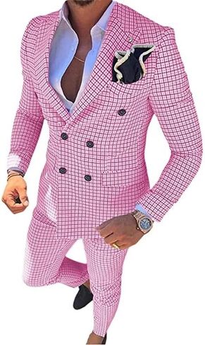 Men's 2-Piece Dress Suit Plaid Slim Fit Double Breasted Wedding Blazer Trousers Fuschia XL in Kuwait