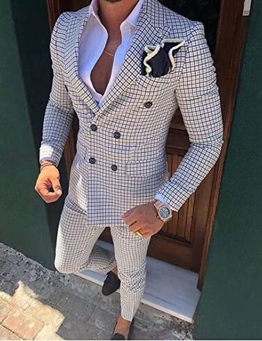 Men's 2-Piece Dress Suit Plaid Slim Fit Double Breasted Wedding Blazer Trousers Fuschia XL in Kuwait