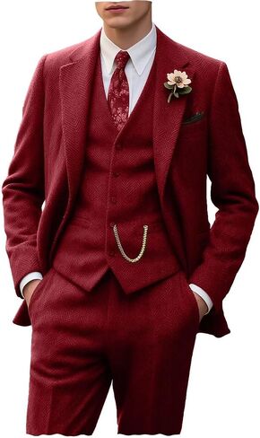 Retro Tweed Men Suits Herringbone 3 Pieces Sets Slim Fit Party Mens Suit Prom Tuxedos Wool Blend Blazer Jackets Vest Pants Burgundy L in Saudi Arabia