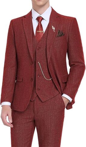 Retro Tweed Men Suits Herringbone 3 Pieces Sets Slim Fit Party Mens Suit Prom Tuxedos Wool Blend Blazer Jackets Vest Pants Burgundy L in Saudi Arabia