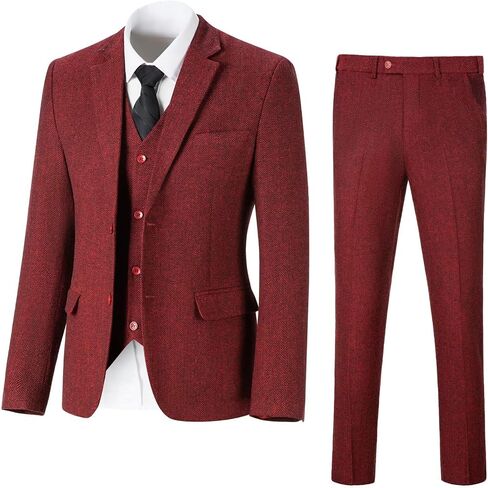 Retro Tweed Men Suits Herringbone 3 Pieces Sets Slim Fit Party Mens Suit Prom Tuxedos Wool Blend Blazer Jackets Vest Pants Burgundy L in Saudi Arabia