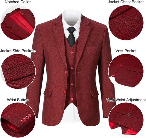 Retro Tweed Men Suits Herringbone 3 Pieces Sets Slim Fit Party Mens Suit Prom Tuxedos Wool Blend Blazer Jackets Vest Pants Burgundy L in Saudi Arabia