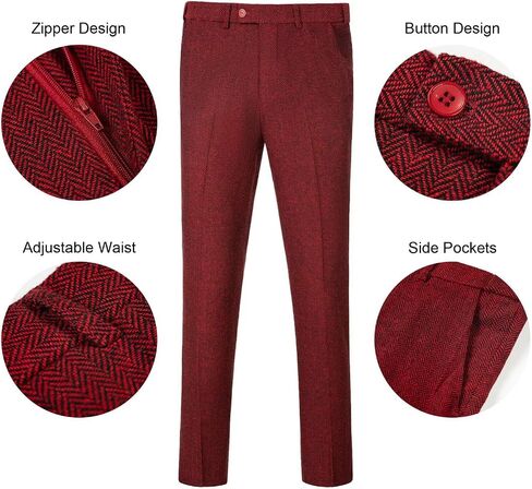 Retro Tweed Men Suits Herringbone 3 Pieces Sets Slim Fit Party Mens Suit Prom Tuxedos Wool Blend Blazer Jackets Vest Pants Burgundy L in Saudi Arabia