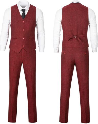 Retro Tweed Men Suits Herringbone 3 Pieces Sets Slim Fit Party Mens Suit Prom Tuxedos Wool Blend Blazer Jackets Vest Pants Burgundy L in Saudi Arabia
