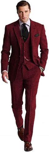 Retro Tweed Men Suits Herringbone 3 Pieces Sets Slim Fit Party Mens Suit Prom Tuxedos Wool Blend Blazer Jackets Vest Pants Burgundy L in Saudi Arabia