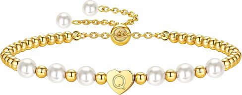 Gold Beaded Bracelets for Women - 14K Gold Plated Dainty Personalized Heart Initial Bracelet Adjustable Pearl Bracelets for Women Teen Girls Jewelry Birthday Bridesmaid Proposal Wedding Gifts in Saudi Arabia
