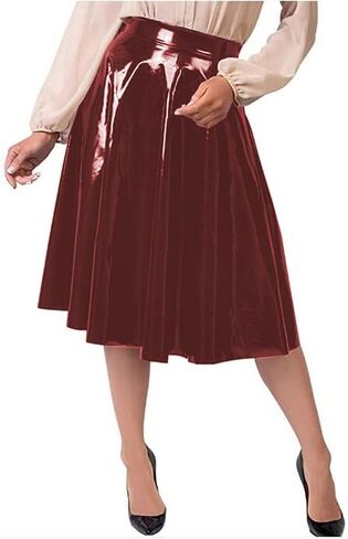 Plus Size PVC Skirts High Waist Knee Length Solid Pleated Skirt A Line Shiny Office Lady Gothic Stretch Midi Skirt Faldas in Kuwait