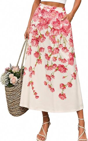 Women Floral Maxi Skirt with Pocket A Line Flowing Casual Long Skirt in Saudi Arabia
