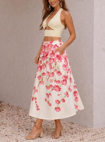 Women Floral Maxi Skirt with Pocket A Line Flowing Casual Long Skirt in Saudi Arabia
