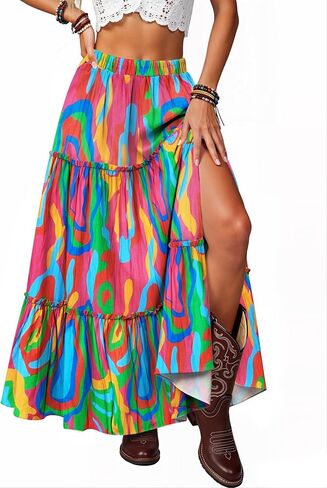 Womens Boho Maxi Skirt 2026 Summer Slit Casual High Waist Tiered Flowy Long Skirt with Pockets for Beach Vacation in Saudi Arabia