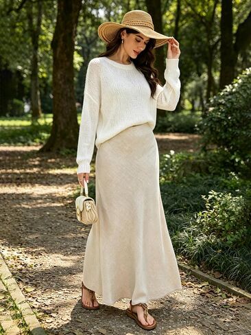 Linen Maxi Skirts Elastic Waist Flared 2026 Spring Summer White Long Linen Skirts for Women Ankle-Length Skirt in Kuwait
