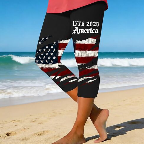 LCMTWX Distressed American Flag Printed Capri Leggings for Women, Patriotic Casual Yoga Pants in Saudi Arabia