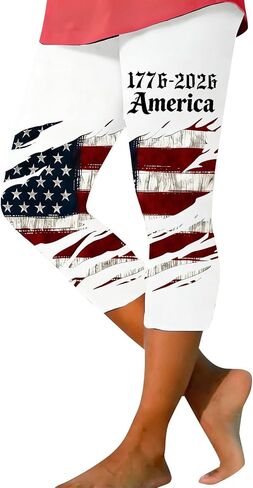 LCMTWX Distressed American Flag Printed Capri Leggings for Women, Patriotic Casual Yoga Pants in Saudi Arabia
