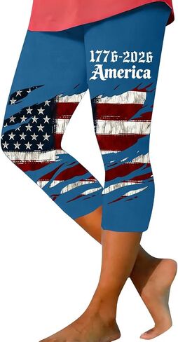 LCMTWX Distressed American Flag Printed Capri Leggings for Women, Patriotic Casual Yoga Pants in Saudi Arabia