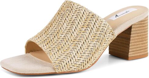 Ancomafio Heeled Sandals for Women，Raffia Sandals 2026 Chunky Heels Square Toe Mules Block Summer Shoes Slip On in Saudi Arabia