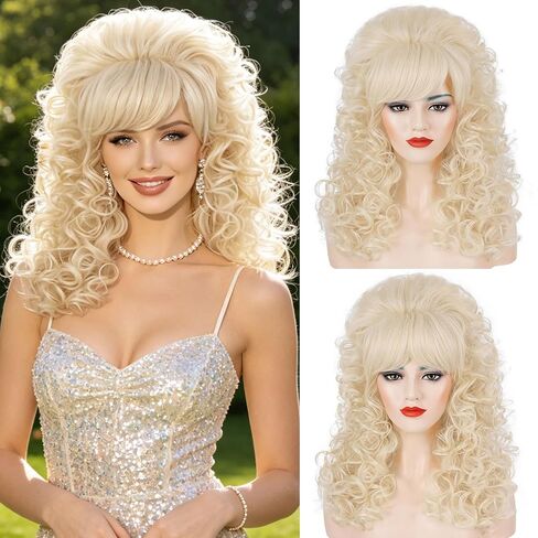 80s Blonde Long Curly Vintage Costume Wig with Bangs for Women Big Bouffant Beehive Synthetic Wigs Singer Cosplay 60s 70s Party Halloween Funny Wigs in Saudi Arabia