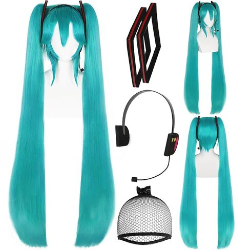 Hair Cap+47inchs Long Green Wig with Headphone and Frame Headpieces Long Teal Straight Pontail Wigs Women Double Ponytail Cosplay Wig Green Anime Costume for Cosplay Halloween Party in Saudi Arabia