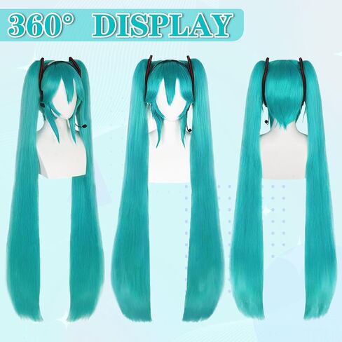 Hair Cap+47inchs Long Green Wig with Headphone and Frame Headpieces Long Teal Straight Pontail Wigs Women Double Ponytail Cosplay Wig Green Anime Costume for Cosplay Halloween Party in Saudi Arabia